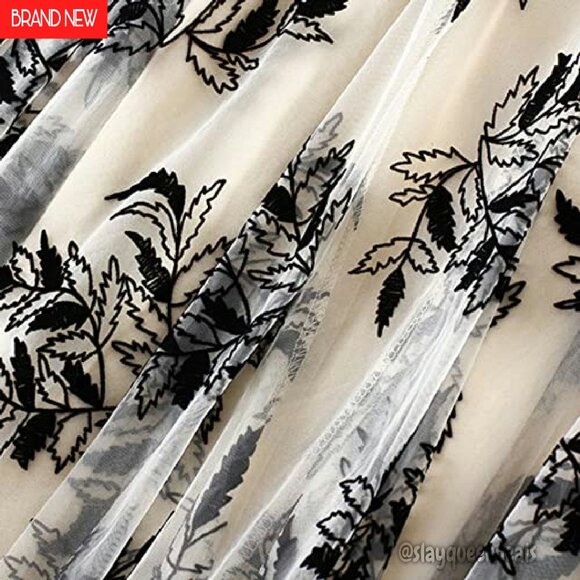 A-Line Midi Skirt Elastic Waist Tulle Layered Ruffle Fairy Pattern - Picture 4 of 6